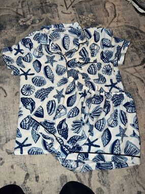 Amazon Women's White and Blue Seashell Pajama Set